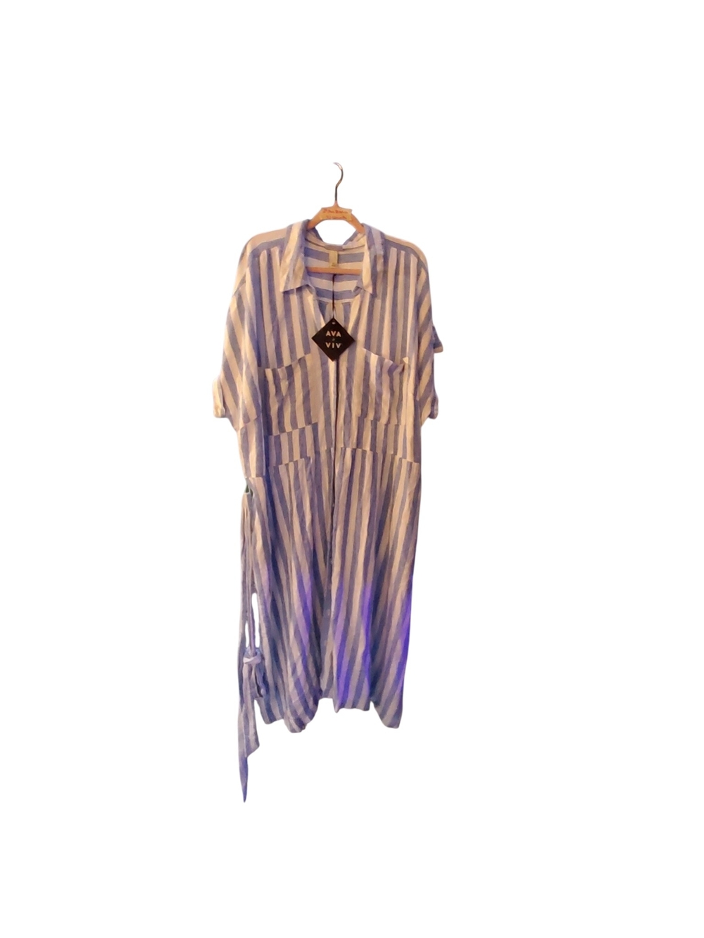 Ava & Viv Blue and White Striped Midi Shirt Dress with Tie Waist - Picture 3 of 7